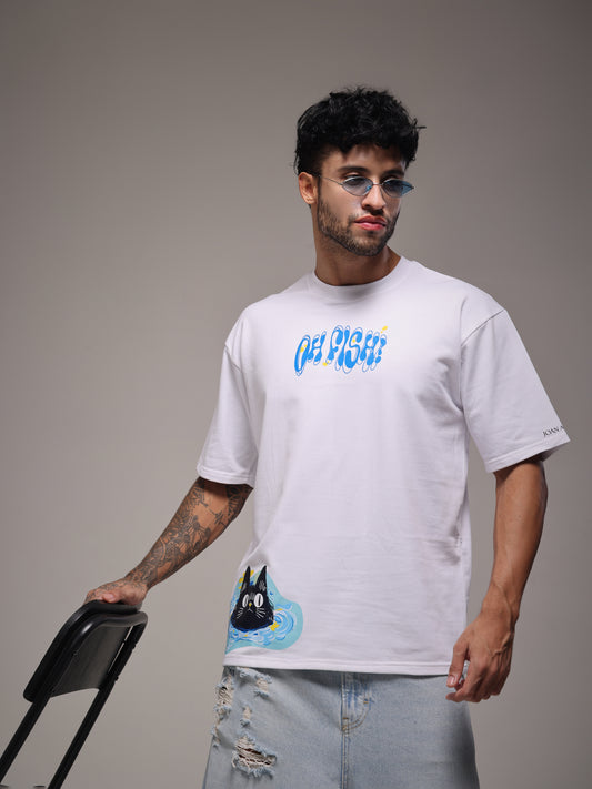 Male model wearing the white Joan Alvi Oh Fish oversized T-shirt, front view with blue typography and shocked-cat graphic